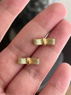 Authentic Vintage Dior Bow Tie Ribbon Knot Mesh 14k Gold Post Mini Stud Earrings